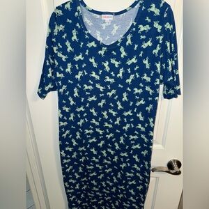 LulaRoe Julia Blue dress with Unicorns XL